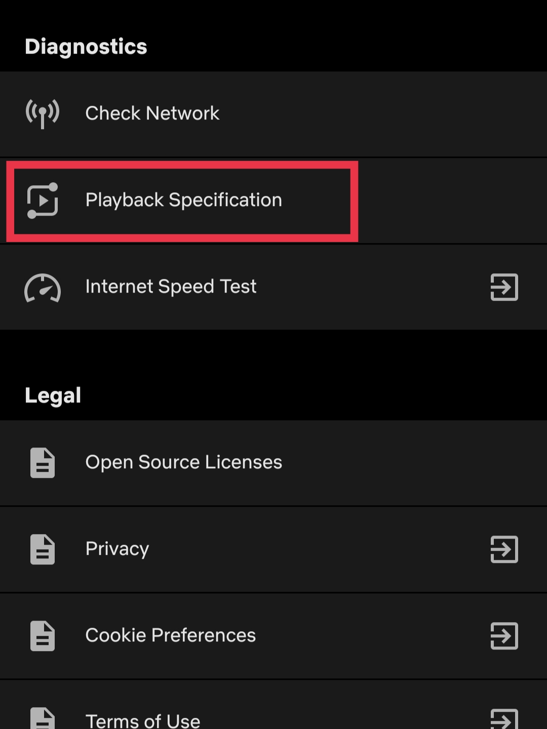 Netflix settings with Playback specifications highlited